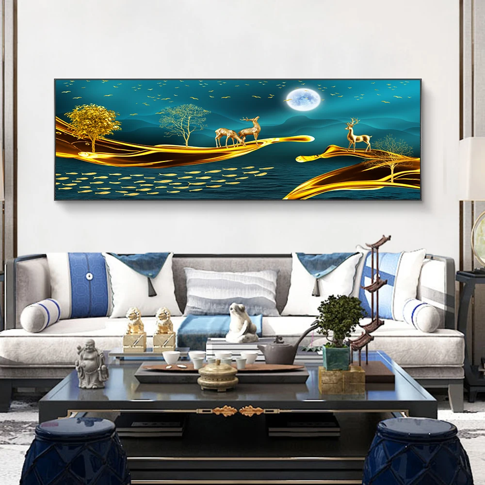 Абстрактный пейзаж с лунным светом и оленями на холсте, постер и печать произведения искусства для украшения гостиной (без рамки).