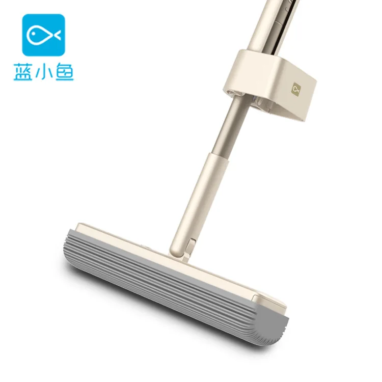 

New product launch blue fish 180 ° cotton mop 34cm iron bar double cotton head mop roller squeezing