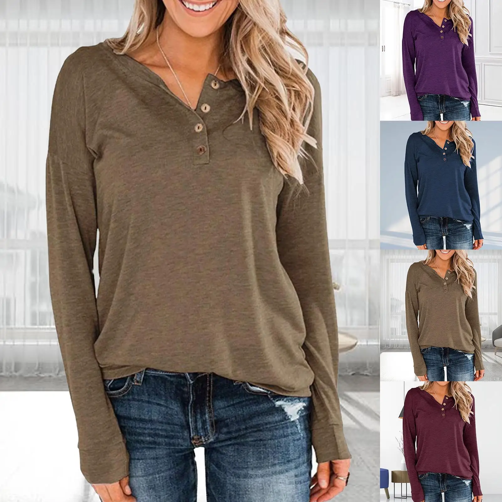 

Women Blouse Top Solid Color Buttons Loose Leisure T-shirt Women Solid Color Blouse for Autumn Streetwear