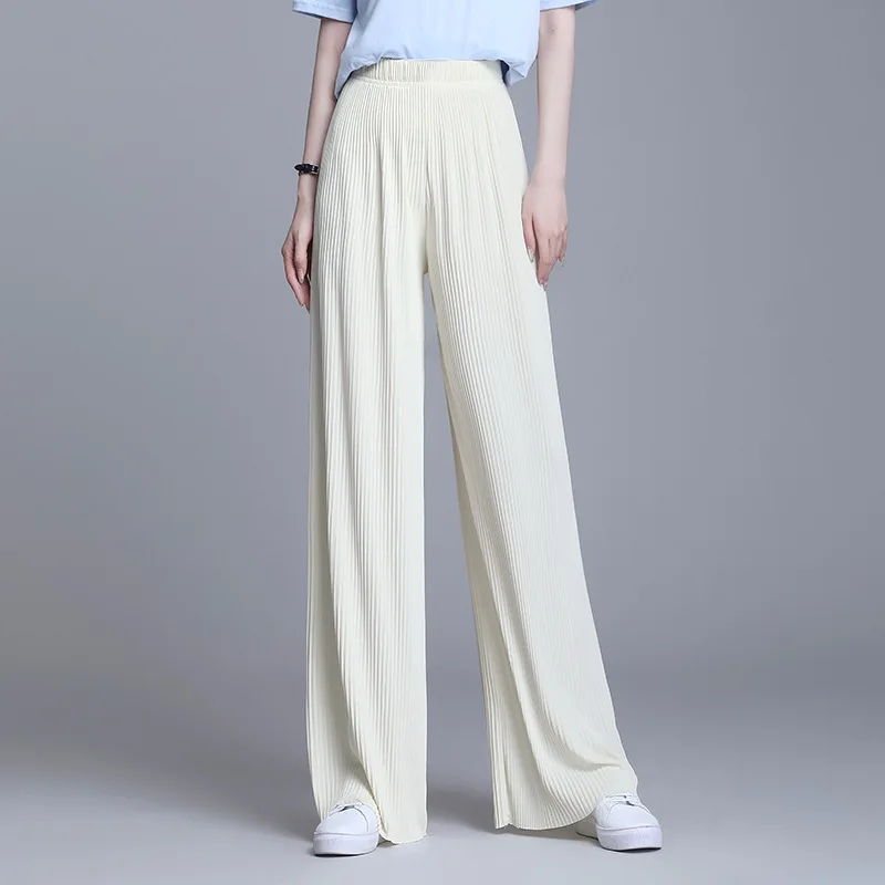 

2021 Summer Women Thin Wide Leg Pants Fashion Elegant Loose Casual Elastic High Waisted Solid Color Straight Trouser Female 2123