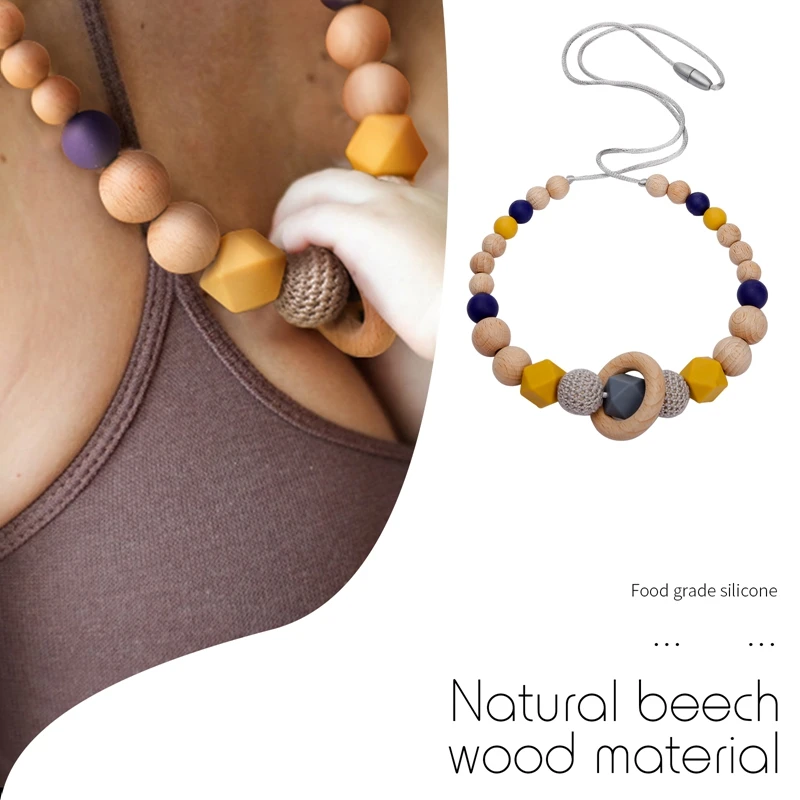 Collar de dentici&oacute;n para beb&eacute;, collar de silicona con anillo de madera, cuentas de grado alimenticio, cadena larga, juguetes de madera, regalo para mordedor para beb&eacute;-2