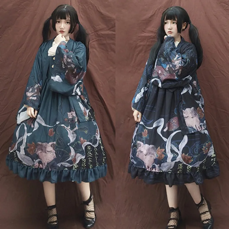 

Chinese style dunhuang sweet lolita dress vintage frog printing high waist victorian dress kawaii girl gothic lolita jsk loli