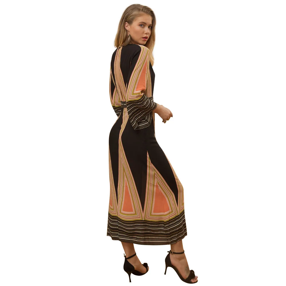 

2019 Spring Cross-Border Popular Bohemian Floral Printed Dress Deep V-neck Strap Decorative Bowknot Beach Skirt
