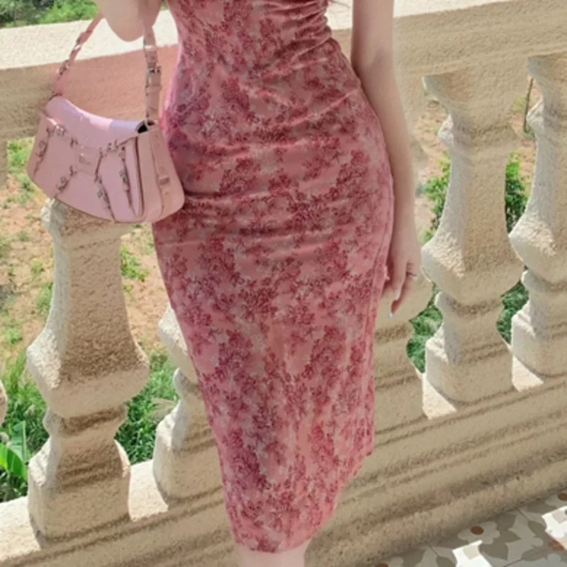 

Floral Dress Women Elegant Bodycon Sleeveless Sexy V-neck Long Dresses Vintage Backless Robe Korean Chic Sweet Vestido De Mujer