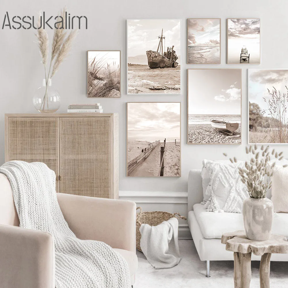 

Beach Landscape Canvas Painting Old Ship Wall Art Print Hay Plant Poster Scandinavian Wall Pictures For Living Room Decoration