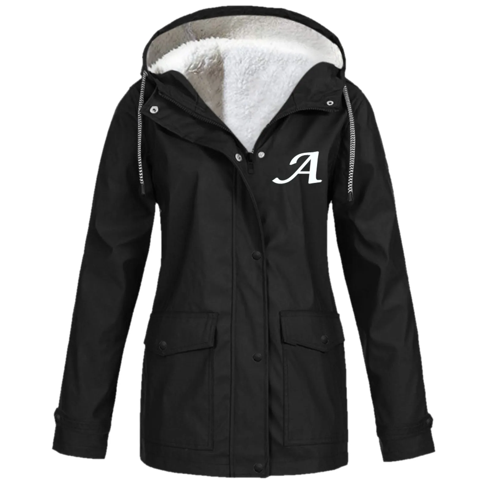 

Women Casual Solid Plush Jacket Outdoor Buttons Plus Size Hooded Drawstring Windproof Watertight Pockets Coat Jacket Coat