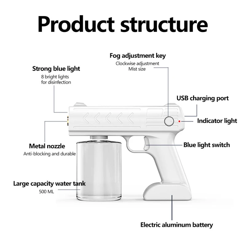 

Portable Handheld Spray Long Battery Life Frosted Multifunction Nano Gun With 500ml Capacity Blue Light Spray Disinfection Gun