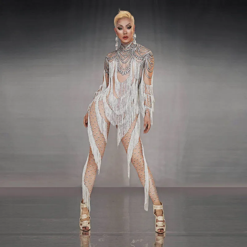 

Women Tassels 3D Printed Rompers 2021 Sexy Stretch Long Sleeve Jumpsuit Celebrate Nightclub Singer Stage Performance Outfit