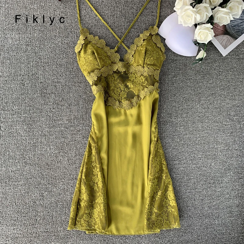 

Женская кружевная ночная сорочка Fiklyc с цветочным сетчатым декором, Женская мини-сорочка с глубоким V-образным вырезом, атласная ночная соро...