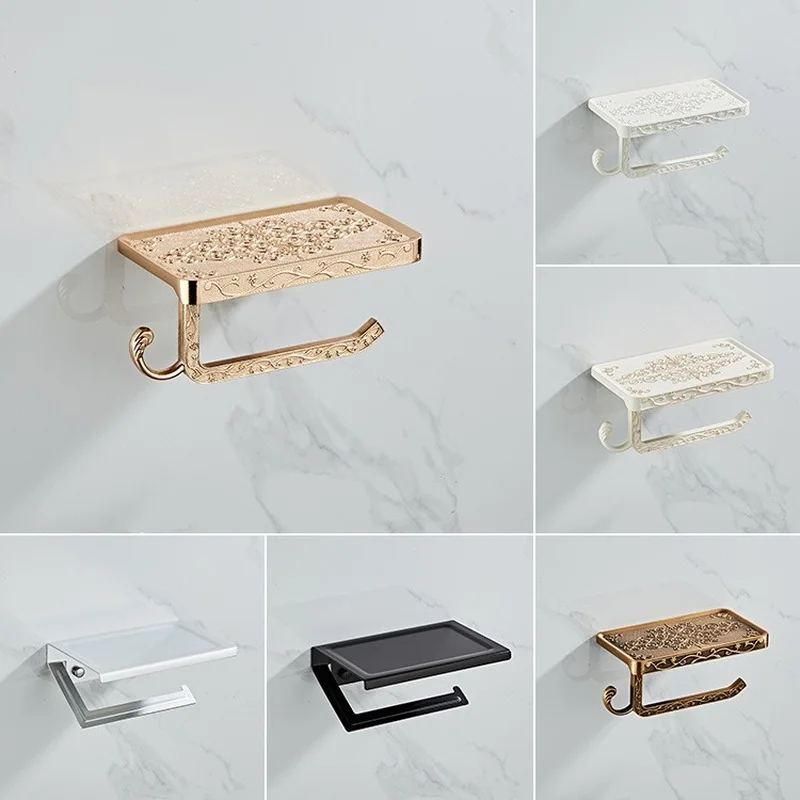 

Bathroom Hardware Set White Paper Mobile Phone Holder Space Aluminum Antique Roll Holder with Shelf Toilet Paper Box Wall Mount