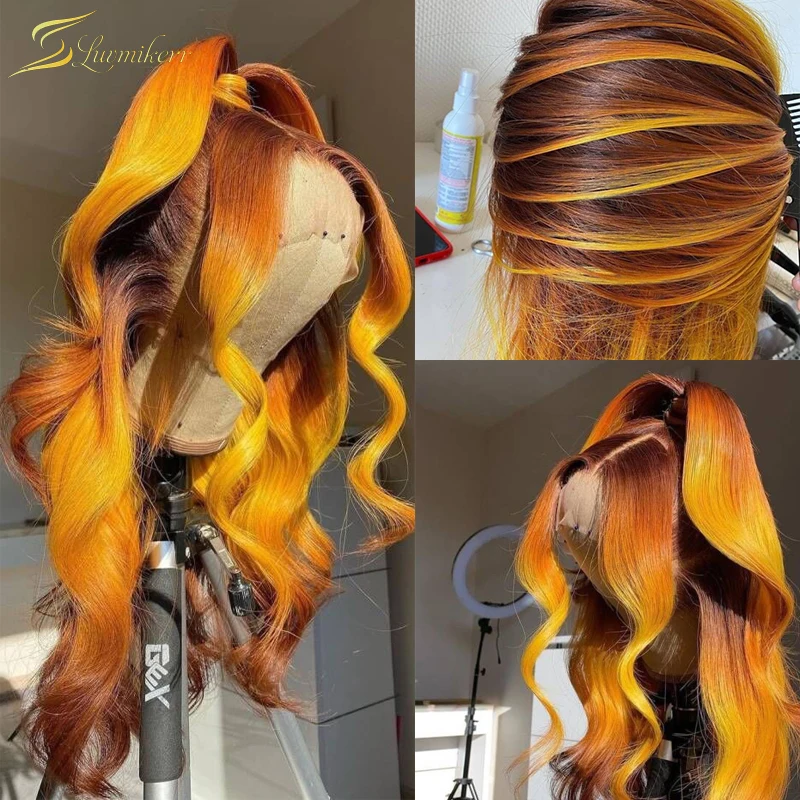 

Ombre Orange Ginger Colored Body Wave Lace Front Wig Blonde Highlight 613 Lace Frontal Wig Full Human Hair Preplucked HD Lace