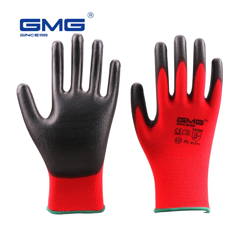 

Hot Sale 6 Pairs GMG CE EN388 Red Polyester Black PU Work Safety Gloves Mechanic Working Gloves Industrial Protection