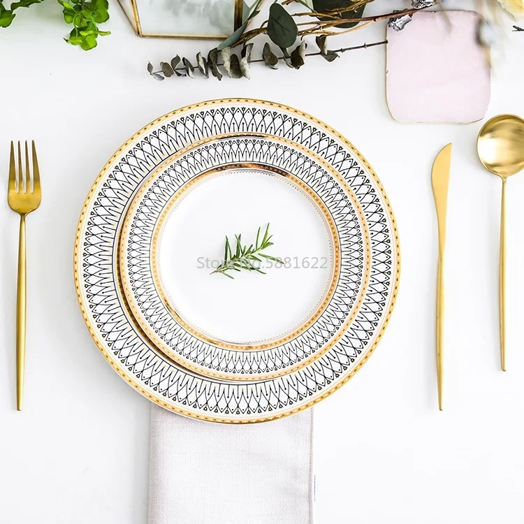 

European Glass Pearl Gold Inlay Dishes Steak Plate Salad Dishes Wedding Party Event Decoration Tableware Gift
