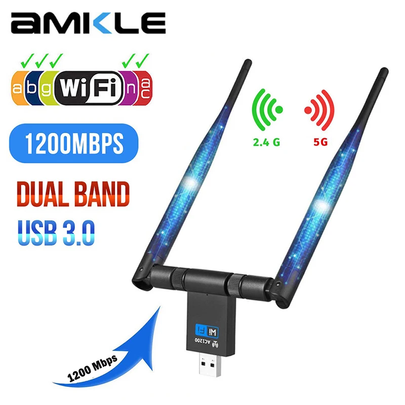 

Беспроводная сетевая карта AMKLE, USB Wi-Fi ключ, 1200 Мбит/с, двухчастотный, 2,4 ГГц, 5G, Бесплатный драйвер, подходит для настольных ноутбуков, Visa, Mac OS