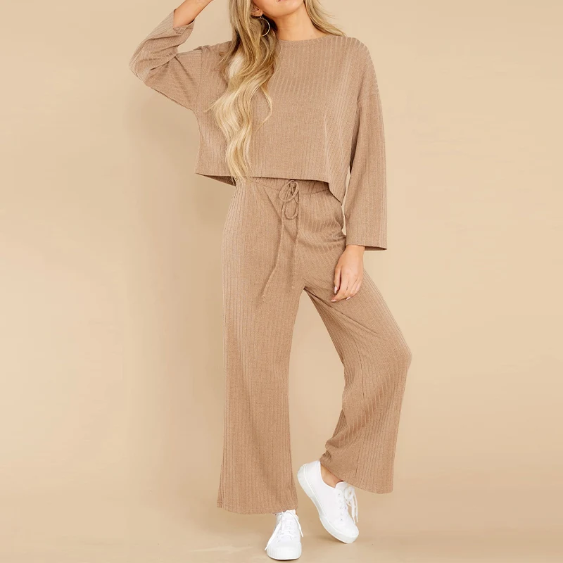 

Women Casual Knitted Rib Two-Piece Sets Loose Long Sleeves O-Neck Crop Tops And Wide Leg Long Pants Suit Solid Leisure Outfits