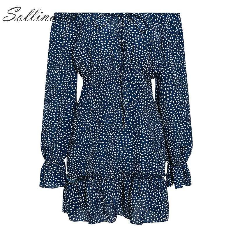 Sollinarry Print Vintage Short Dress Women Off Shoulder Autumn Sexy Female Long Sleeves Winter Ruffles Elegant Dresses | Женская одежда