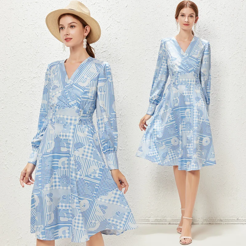 

Simgent Lantern Sleeve V-Neck Dress Womens A Line Elegant Knee Length Print Fashion Dresses Vestidos Robe Femme SG110095