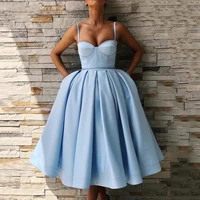 light blue homecoming dress 2021 spaghetti straps sweetheart sleeveless satin party prom gown for girls backless knee length