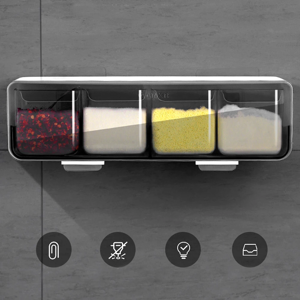 

Kitchen Wall-Mounted Seasoning Box Salt Pepper Spice Rack Jar Sugar Bowl Kitchen Convenient Quick Spice Box Shelving Board
