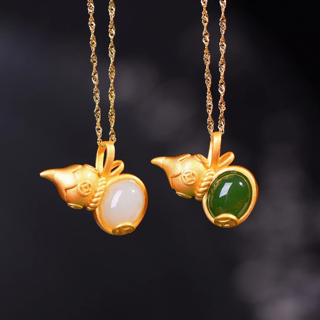 

S925 ancient silver inlaid white jade gourd pendant gilt frosted gold-plated gold