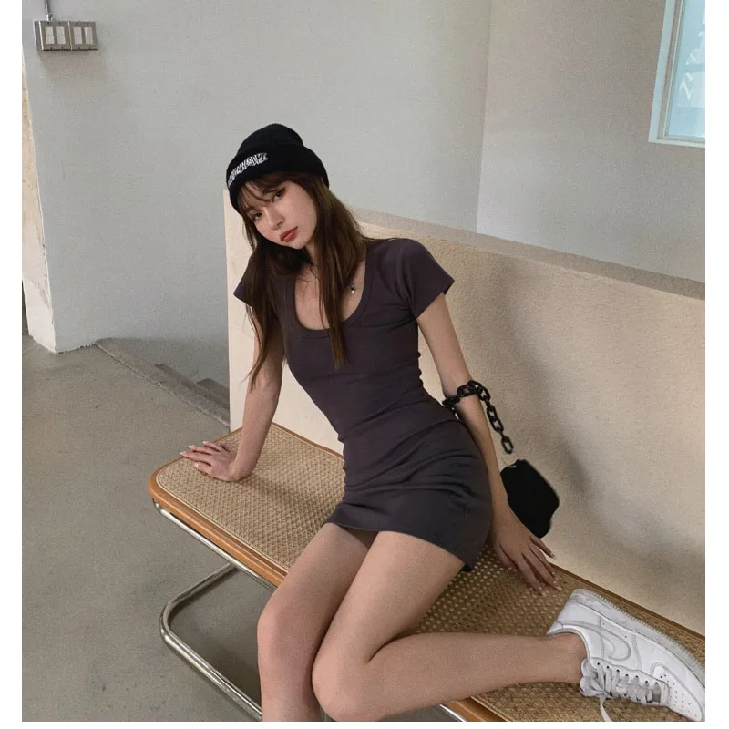 

American retro slim-fit elastic slim-fit big U-neck net bread side high waist slim short-sleeved dress women