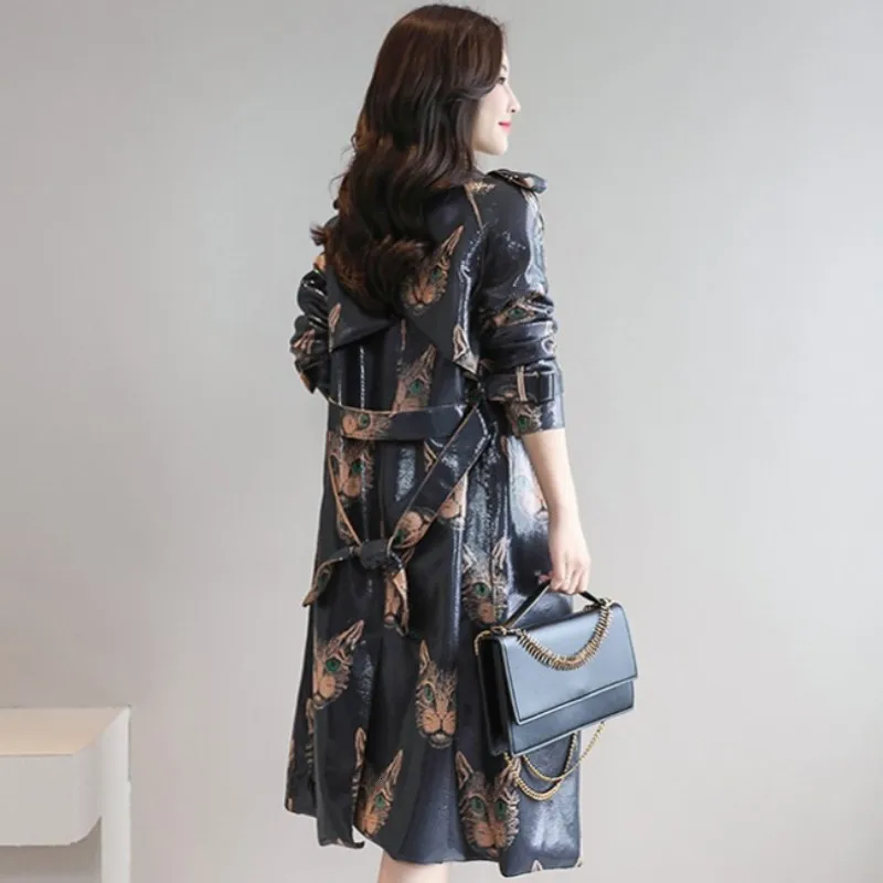 

2020 New Autumn Women Long Coats Fashion Printing Lapel Collar Overcoat Elegant Slim Fit Belt Outerwear Female Plus Size M-2XL