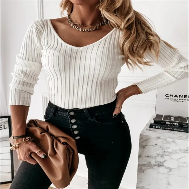 

Women Ribbed Knitted Shirts, V Neck Long Sleeve Solid Color Tight Undershirts Tops