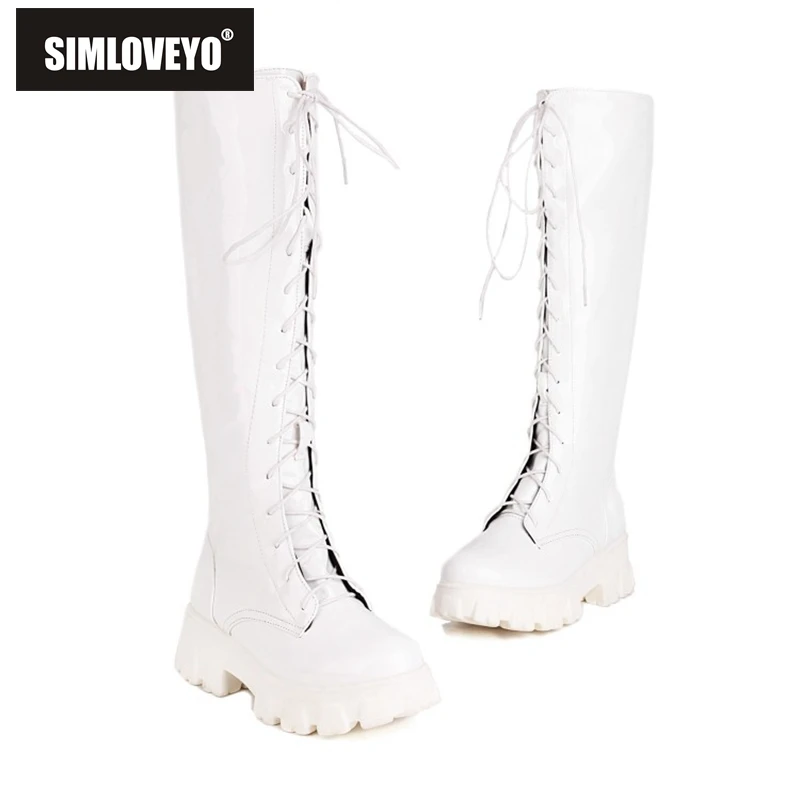 

Женские сапоги до колена SIMLOVEYO, высокие сапоги с круглым носком на низком каблуке, на шнуровке, на платформе, большой размер 34-43, однотонные модные зимние сапоги S2751