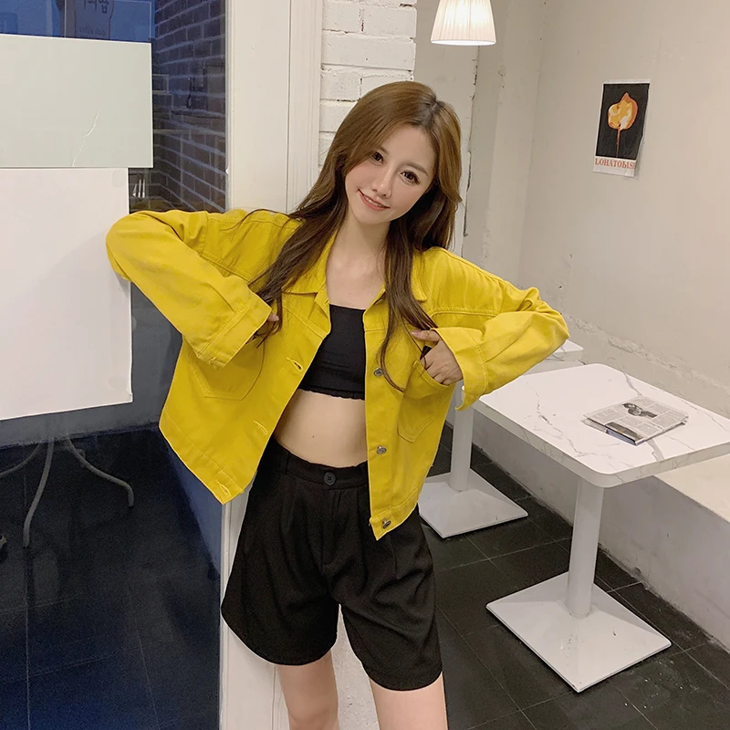 

Women's denim jacket spring autumn short coat pink jean jackets casual tops purple yellow white loose outerwear