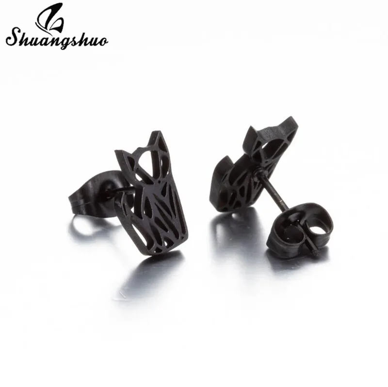 Shuangshuo Black Earrings Punk Fashion Stainless Steel Stud Animal Geometic World Map Earings Women Men Mini Jewelry | Украшения и