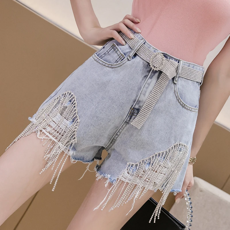 Шорты женские рваные из денима с бахромой завышенной талией и