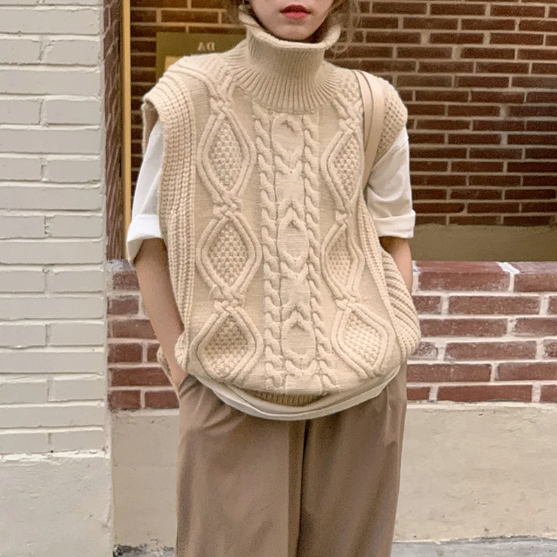 

Women Vest Simple All-match Style Turtleneck Knitted Sweater Twist Sleeveless Female Vintage sweater waistcoat