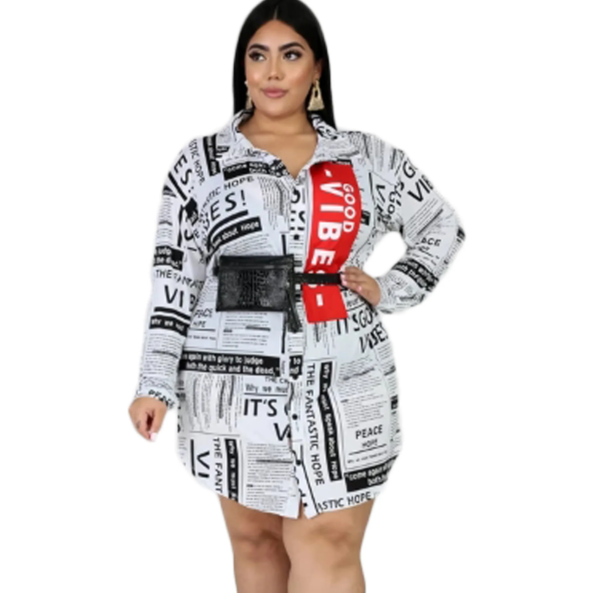 

6XL plus size women's shirt dress fashion newspaper printing loose ruffle dress