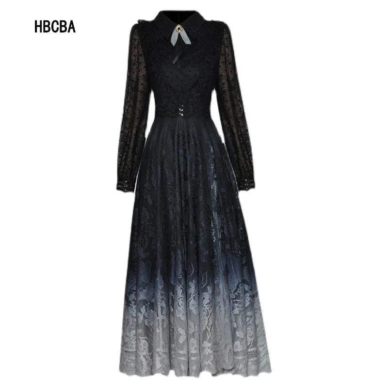 

HBCBA Lapel Perspective Long Sleeve Lace Stitching Sequin Waist Closing Gradient Printing Large Swing Dress 2021 Autumn New