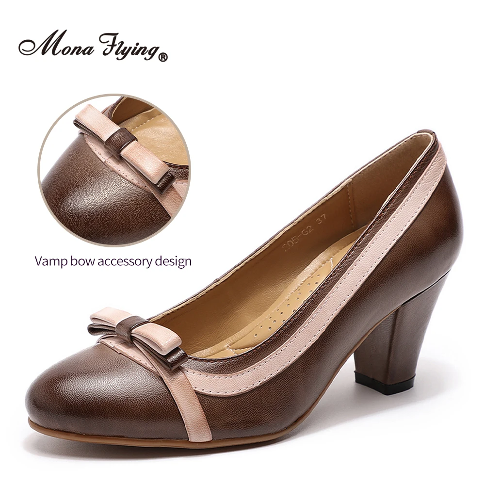 Mona Flying Women Genuine Leather 7cm Chunky Heel Dress Pumps Hand-made Office Elegant Block High Heels Shoes for Ladies 205-G2