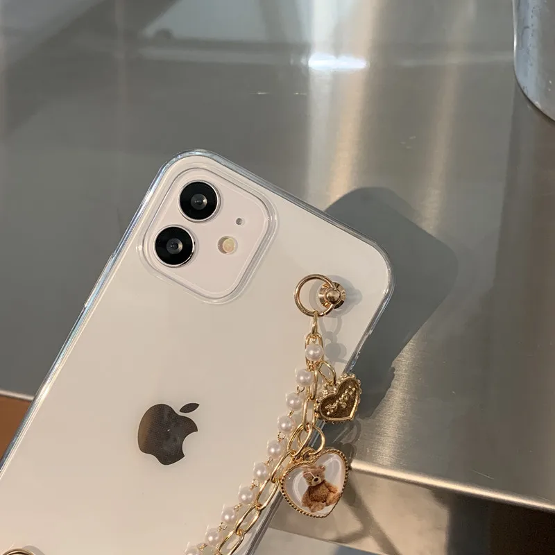 

Handmade Pearl Gold Wrist Chain Cases For iPhone 7 8 Plus X XS XR XSMAX SE 2020 11 Pro Max 12 Pro Max Clear Bracelet Cover