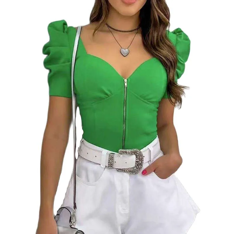 

Summer Puff Sleeve Zip-up Y2K Top Women Sexy Deep V Neck Zipper Cropped Tops Streetwear Solid T-Shirts Hot Girl Night Club Wear