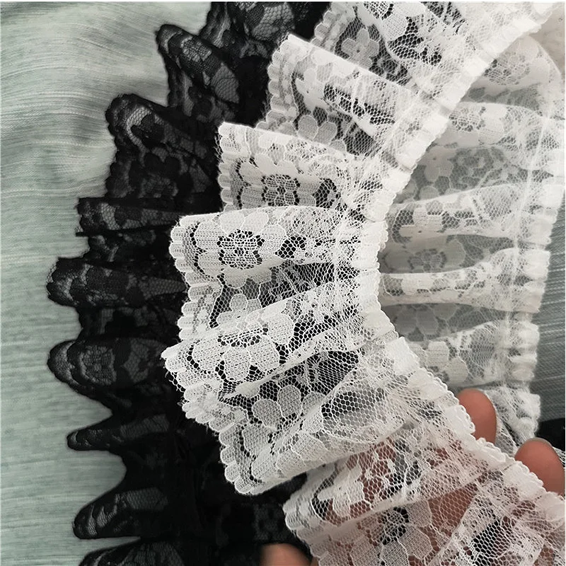 1Yards Latest Best Seller Pleated Dress Craft Supplies 5.5cm Lace Ribbon Sewing Guipure White Black Lace Fabric 3D Flowers Trim