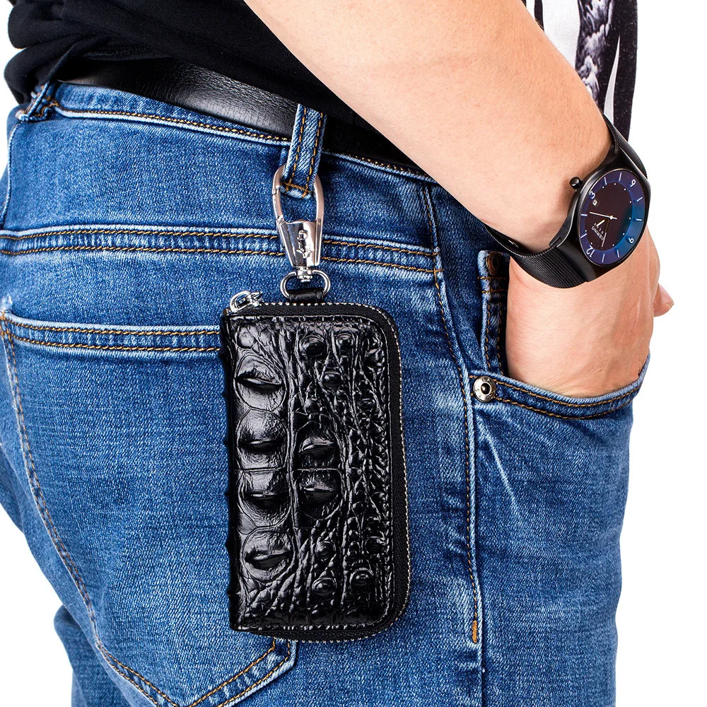 Brand Cowhide Key Card Holder High Quality Genuine Leather Crocodile Pattern Key Case Zipper 6 Key Rings Organizer Car Key Bag