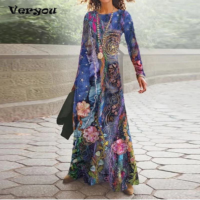 

Женское платье с длинным рукавом, элегантное платье с цветочным принтом в стиле ретро, длинная юбка для отдыха и вечеринок, осень 2021