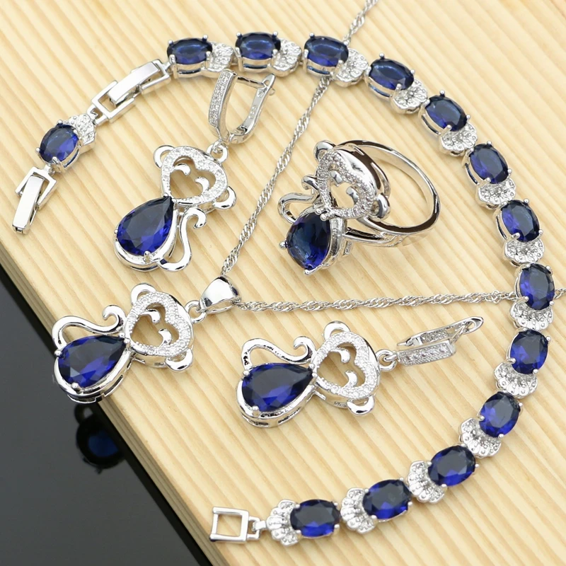 

Monkey 925 Silver Bridal Blue Sapphire Jewelry Sets for Women Bohemia Bracelet Set Earrings and Ring Animal Shaped Dropshipping