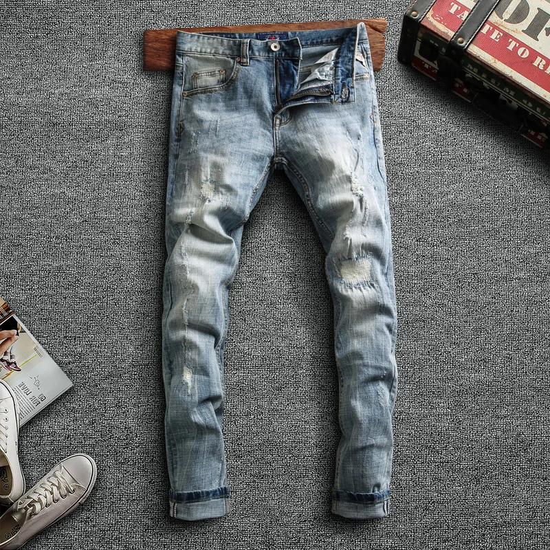 

Italian Style Fashion Men Jeans Retro Light Blue Elastic Slim Fit Ripped Denim Trousers Streetwear Vintage Designer Cotton Pants