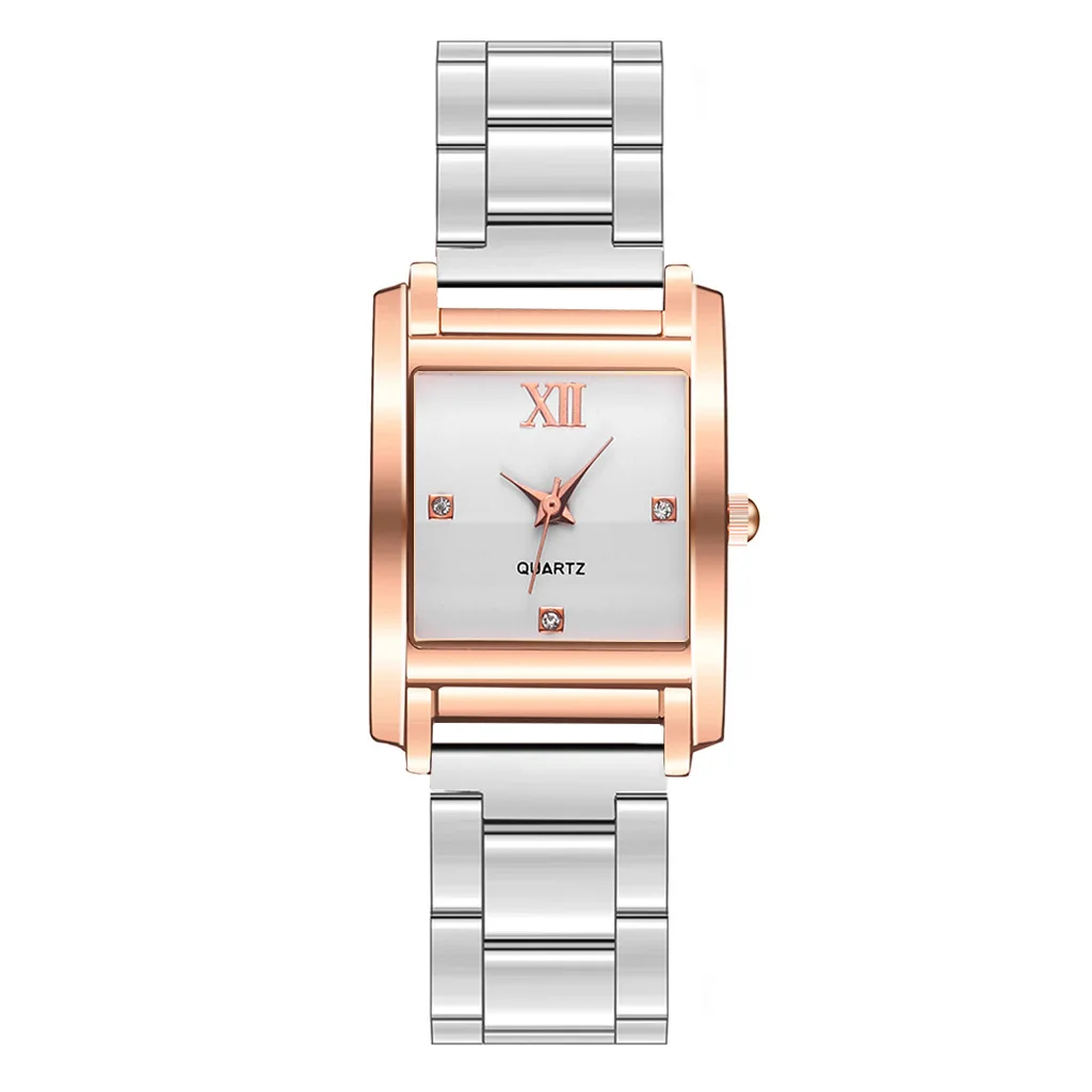 

New Fashion Watch Alloy Steel Band Quartz Watch Creative Square Rose Gold Diamond Dial Personalized Watch