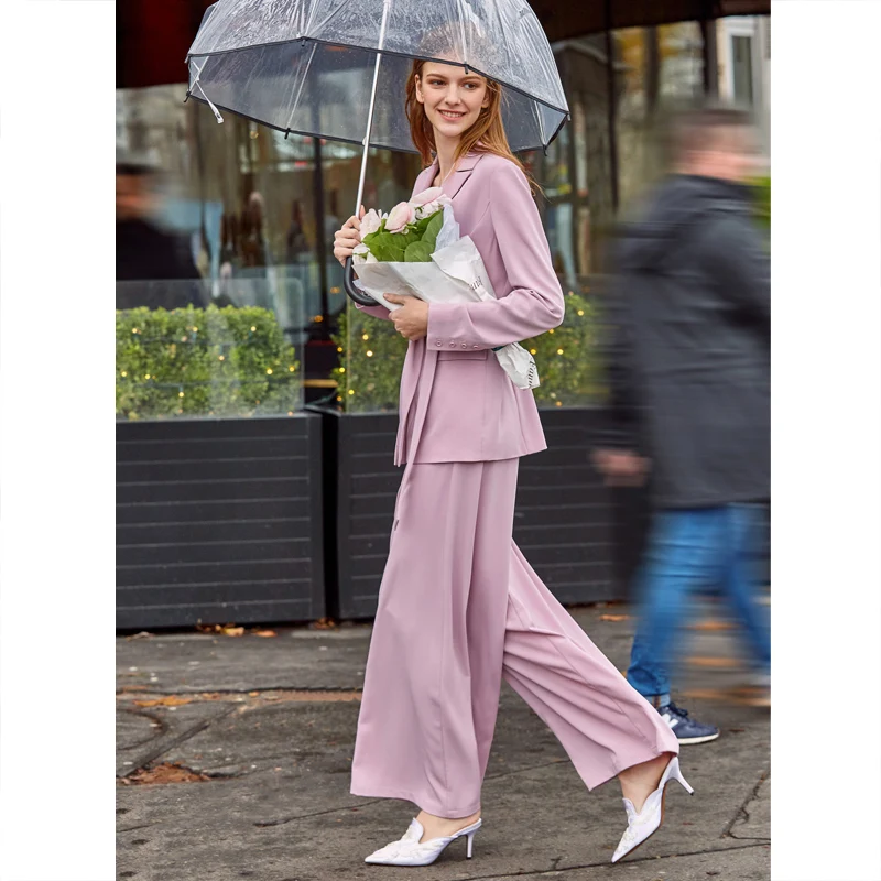 Amii Office Lady Two Piece Set Spring Women Fashion Solid Long Sleeve Lace Up Blazer Wide Leg Pants 11940067 |