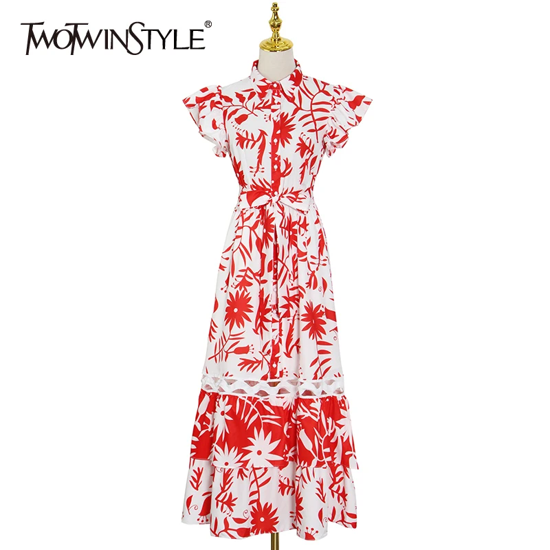 

TWOTWINSTYLE Print Dress For Women Stand Collar Flying Sleeve High Waist Bow Lace Up A Line Dresses Female 2021 Spring Clothing