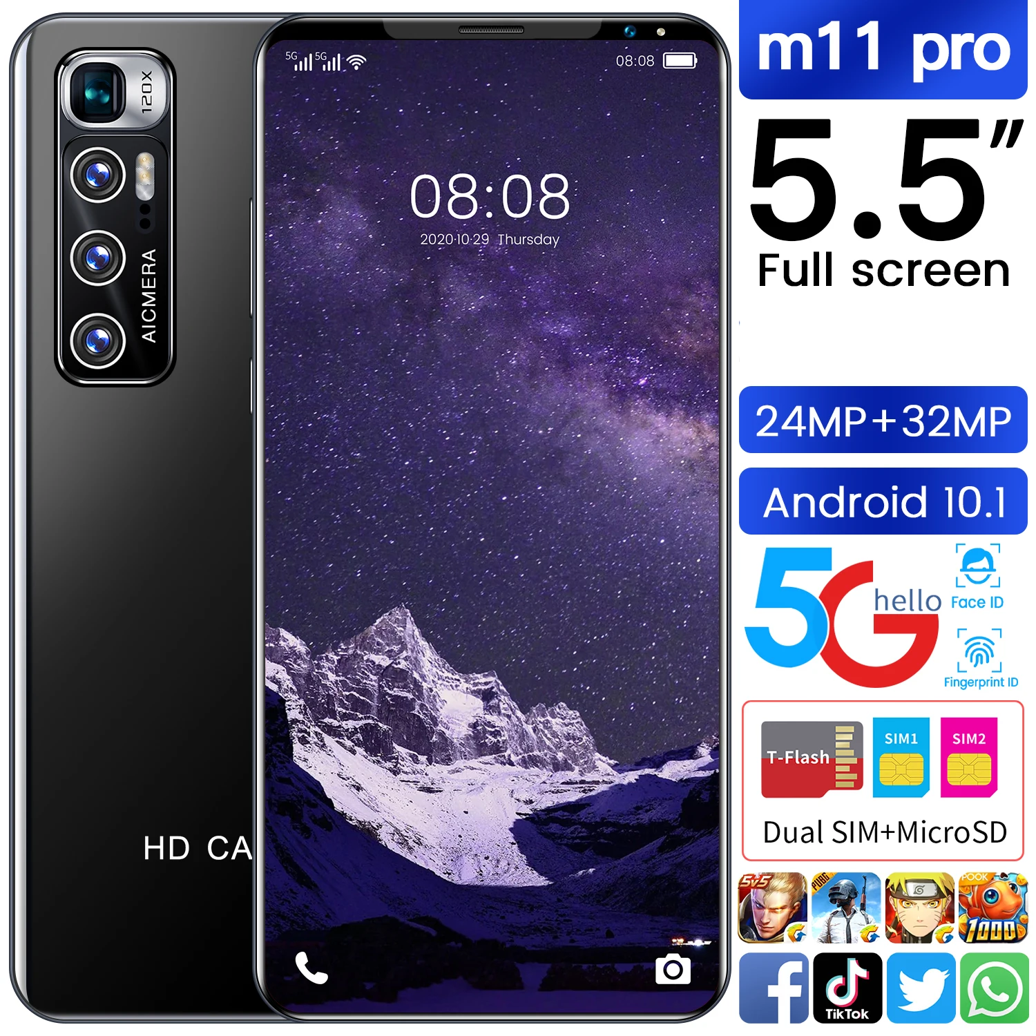 

Global Version XIAOM11 Pro 5.5 Inch Dual SIM+Micro SD Fingerprint Face Unlock Smart Phone 24+32MP 8+128GB Andriod10.1 Cellphones