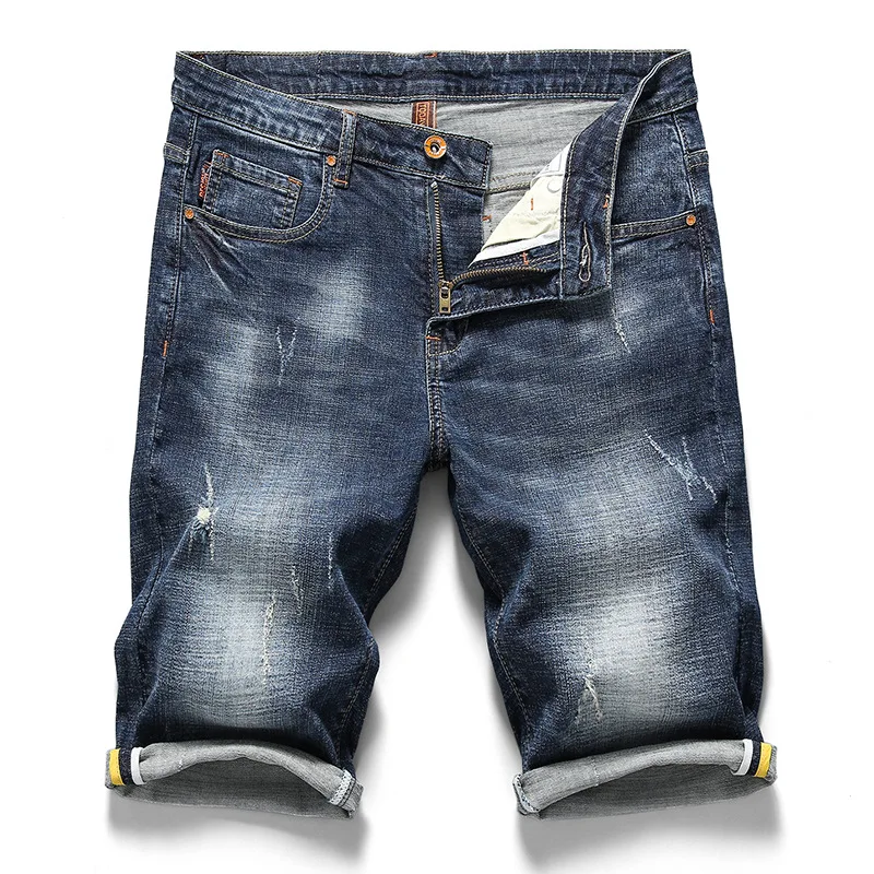 

EL BARCO Denim Cotton Shorts Jeans For Men Summer Ripped Holes Hip Hop Blue Knee-Length Pants Soft Slim Casual Male Trousers