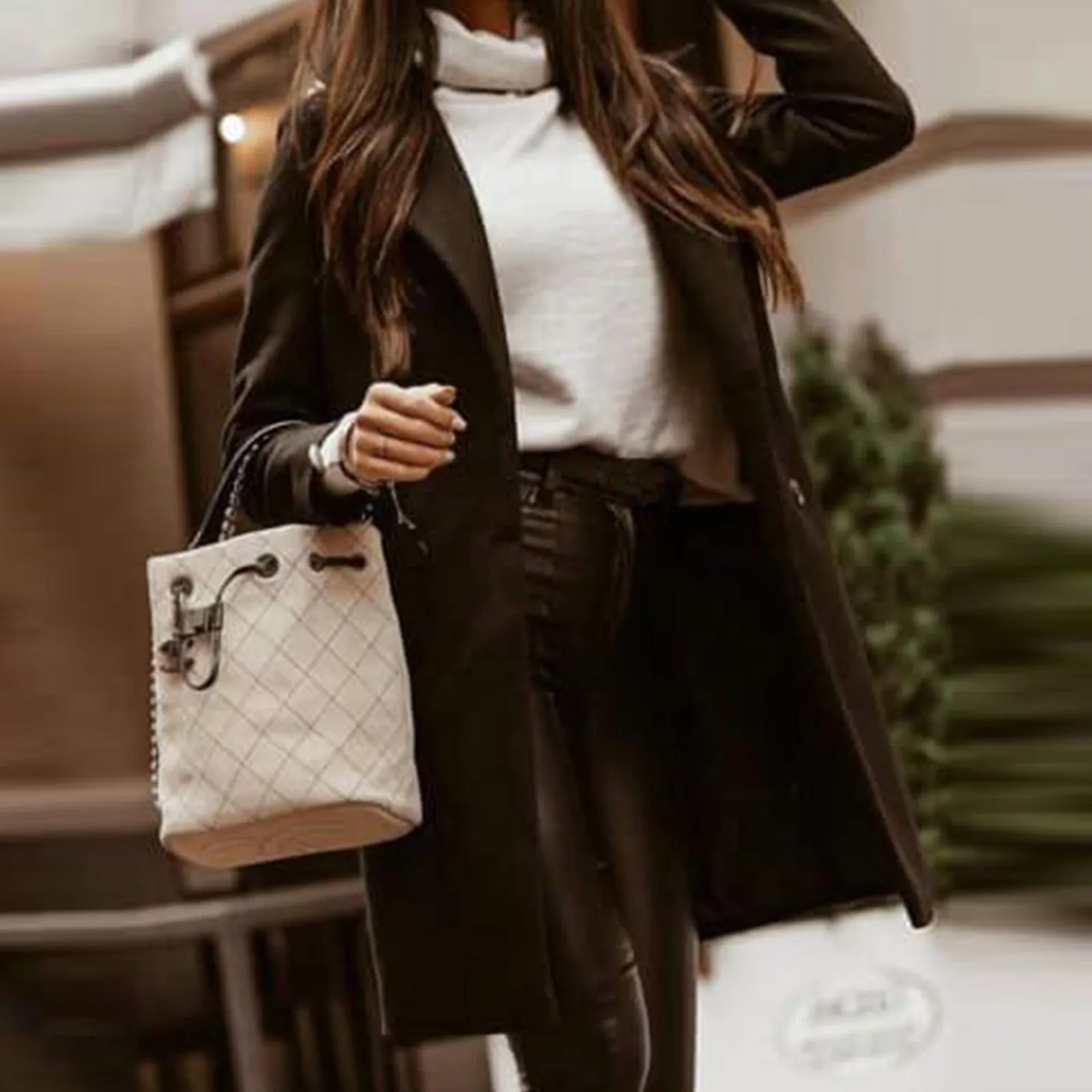 Женское модное Однотонное шерстяное пальто средней длины на пуговицах с