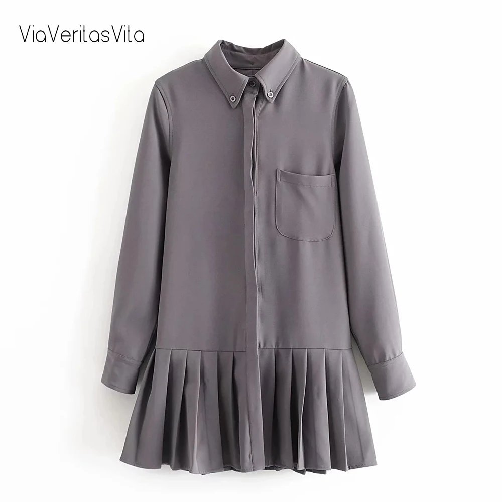 Новые женские платья-рубашки с длинным рукавом приталенные плиссированные