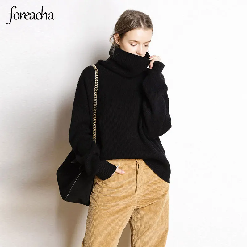 

foreacha 2021 winter brand new Women turtleneck black thick mid length micro elastic fashion Women sweater джемпер женский